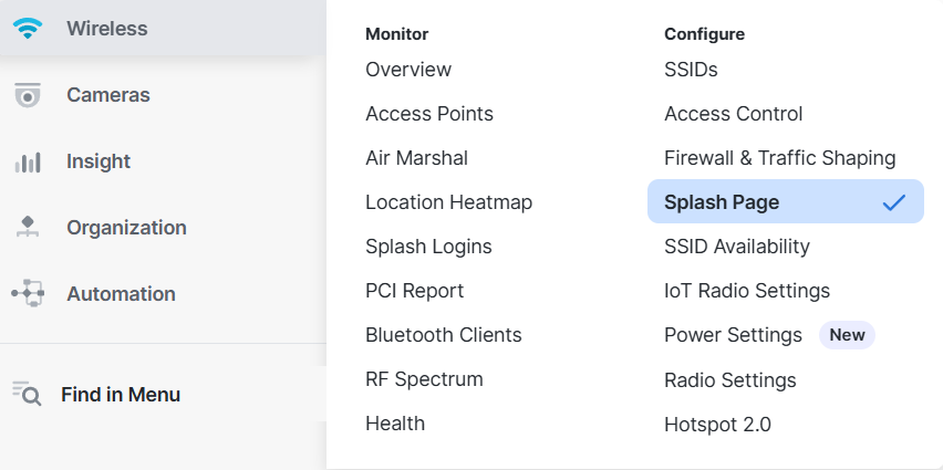 Navigation: Wireless > Configure > Splash Page
